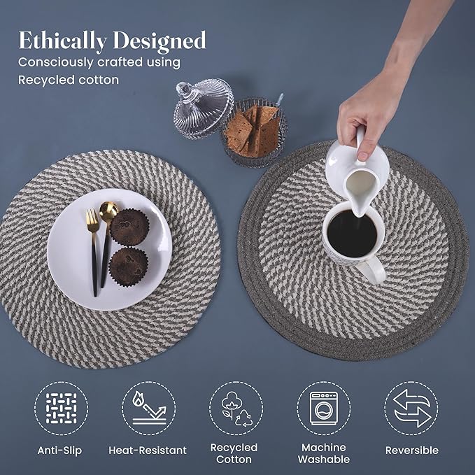Melange Gray & White Braided Placemat set of 6 (3 pcs full melange+3 pcs with solid border) - Recycle Cotton - India Wholesale Co.
