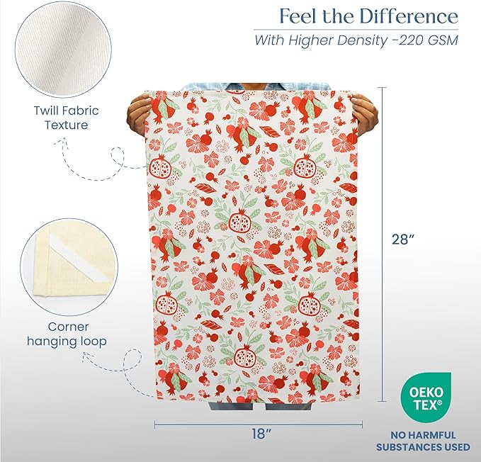 Set of 2 Pomegranate Printed Kitchen Towel 18" x28" , 100% Fresh cotton, Sage & Peppery red - India Wholesale Co.