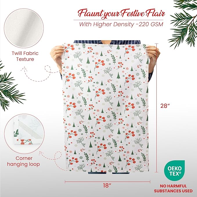 Set of 2 poinsettia flower Printed Kitchen Towel 18" x28", 100% Fresh cotton, Green & White - India Wholesale Co.