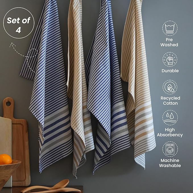 Set of 4 yarn Dyed Kitchen Towel, 18" x 28", Recycled Cotton, Beige & Blue - India Wholesale Co.