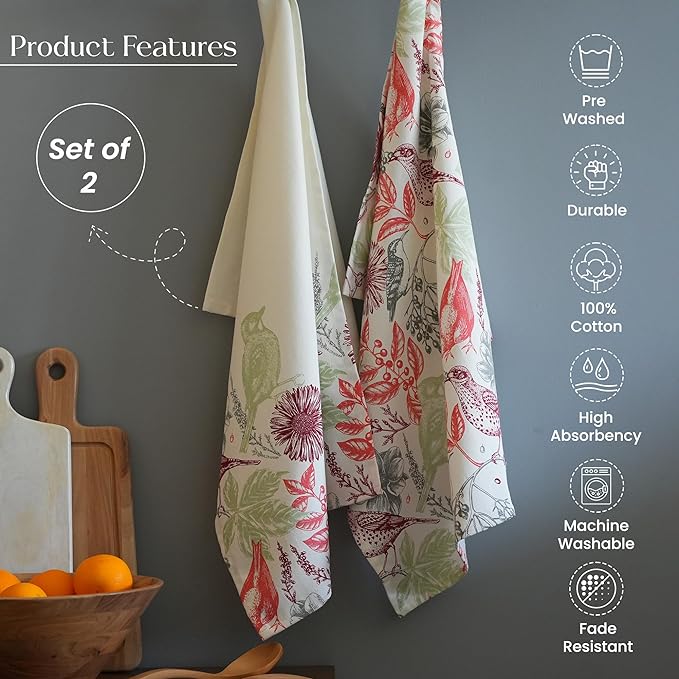 Set of 2 Hello Bird Printed Kitchen Towel 18" x28" , 100% Fresh cotton, Red & Light Green - India Wholesale Co.