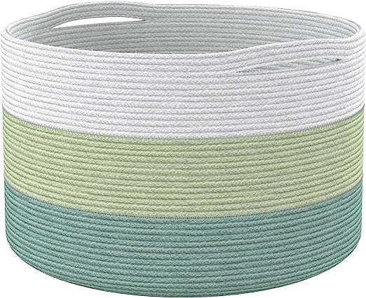 Cotton Basket without Lid Green and White 21.7x21.7x13.8" - India Wholesale Co.
