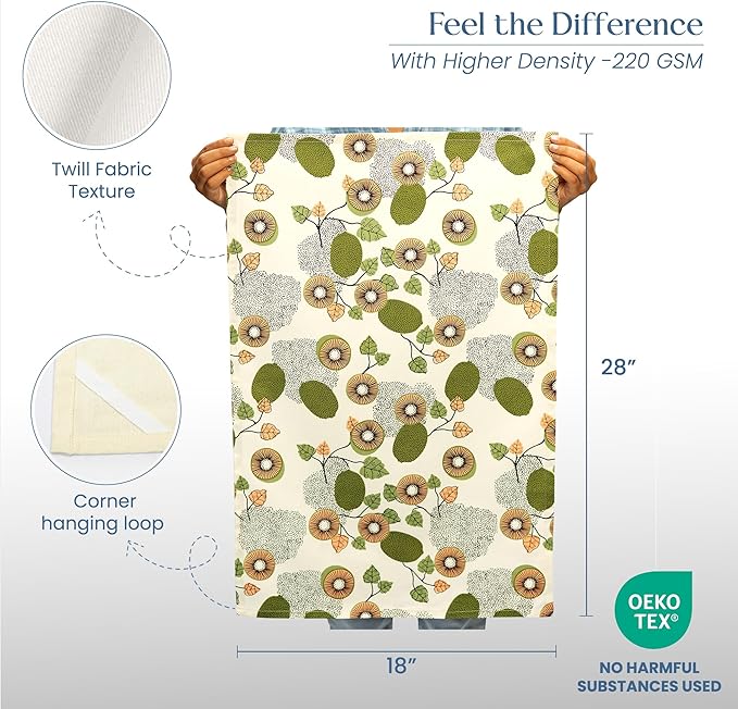 Set of 2 Kiwi Printed Kitchen Towel 18" x28", 100% Fresh cotton, Sage & Peach - India Wholesale Co.