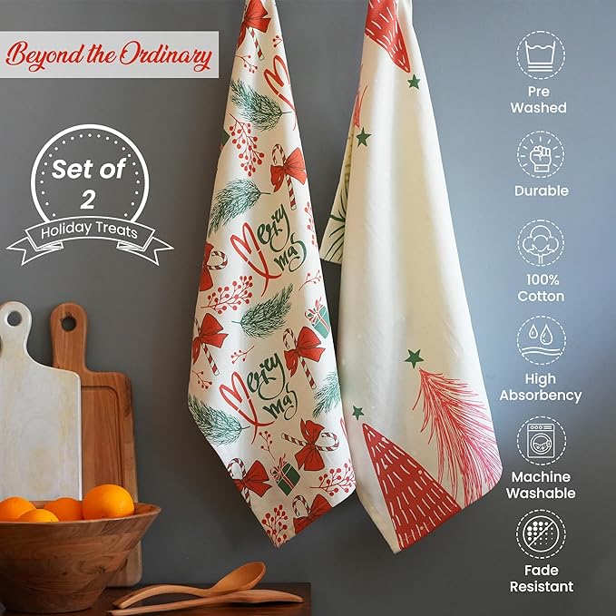 Set of 2 Merry Xmas Printed Kitchen Towel 18" x28", 100% Fresh cotton, Cherry Red & Green - India Wholesale Co.