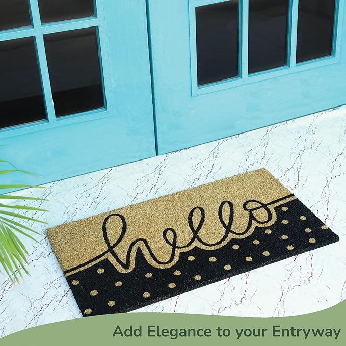 Coir Mats Hello with Dots Print - 17X30" - Beige/Black - India Wholesale Co.