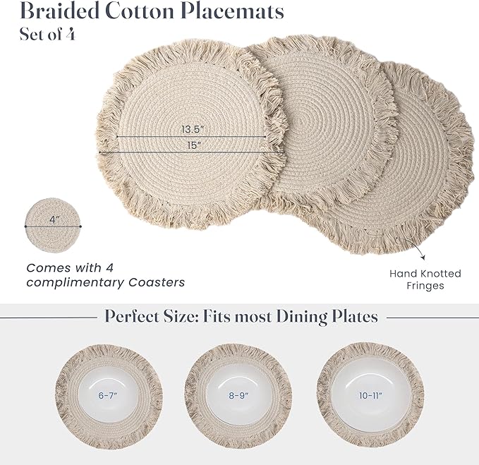 Ivory Braided Solid Placemat with fringes set of 4 (13" + with 2" fringes) +4 Coasters (4")- Recycle Cotton - India Wholesale Co.