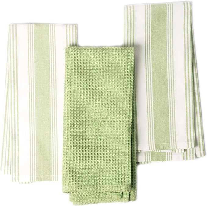 Set of 3 yarn Dyed with Waffle Kitchen Towel, 18" x 28", Recycled Cotton, Green - India Wholesale Co.