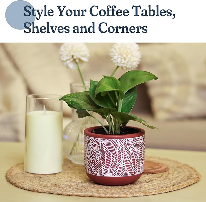 4-Inch Terracotta Planter with White Leaf Design – Boho Pot