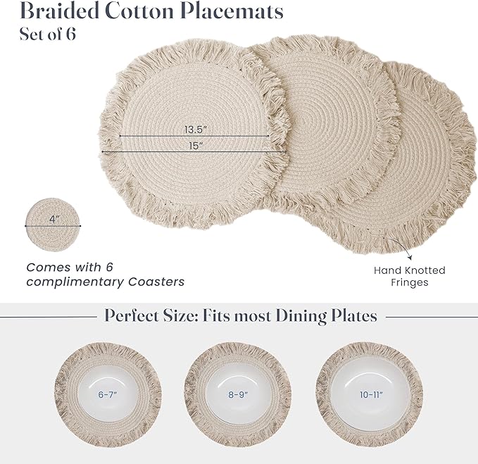 Ivory Braided Solid Placemat with fringes set of 6 (13" + with 2" fringes) +6 Coasters (4")- Recycle Cotton - India Wholesale Co.