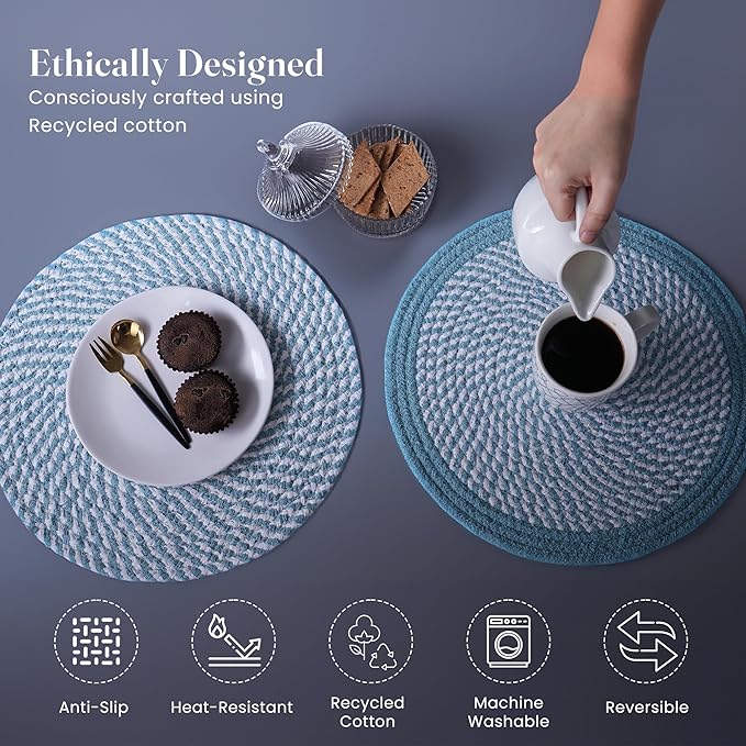 Melange Blue & White Braided Placemats set of 6 (3 pcs full melange+3 pcs with solid border) - Recycle Cotton - India Wholesale Co.
