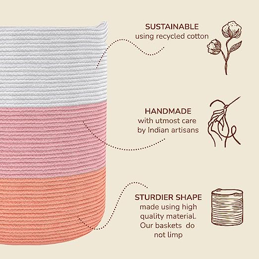 Cotton Basket without Lid Pink and White 15x15x17.7" - India Wholesale Co.