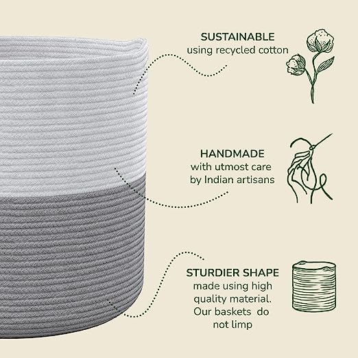 Cotton Basket without Lid White/Grey 15.8x15.8x13.8" - India Wholesale Co.
