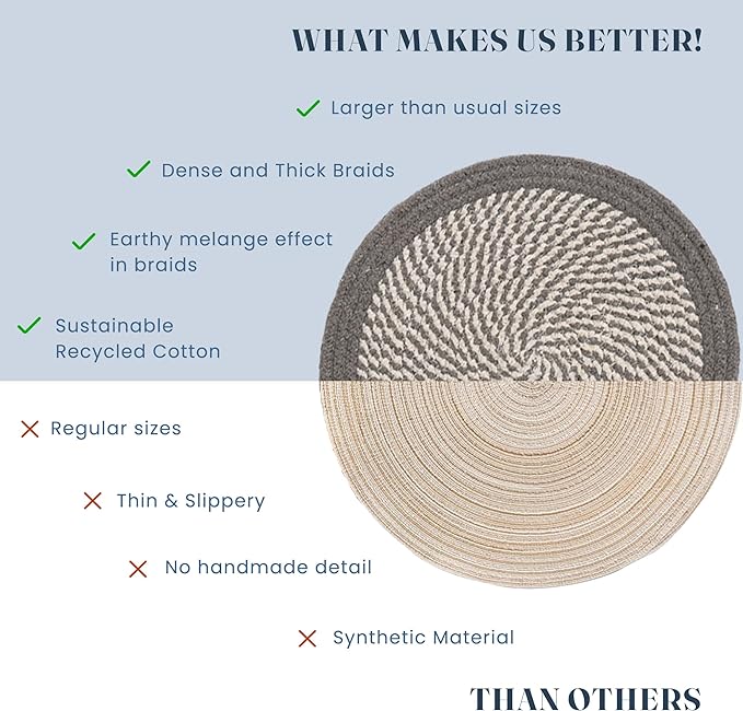 Melange Gray & White Braided Placemat set of 6 (3 pcs full melange+3 pcs with solid border) - Recycle Cotton - India Wholesale Co.