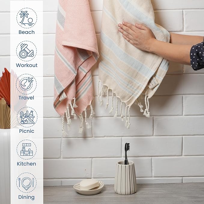 Set of 2 Diamond weave Waffle Stripe Turkish Towel with Twisted Tassels 18" x 40", 100% Fresh cotton, Beige & Red - India Wholesale Co.