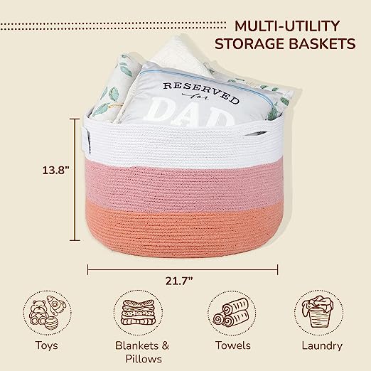 Cotton Basket without Lid Pink and White 21.7x21.7x13.8" - India Wholesale Co.