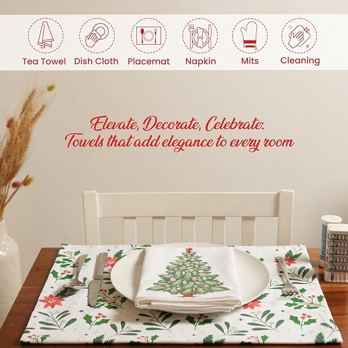 Set of 2 Xmas tree Printed Kitchen Towel 18" x28", 100% Fresh cotton, Olive Green & Red - India Wholesale Co.