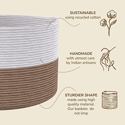 Cotton Basket without Lid White/Beige 21.7x21.7x13.8" - India Wholesale Co.
