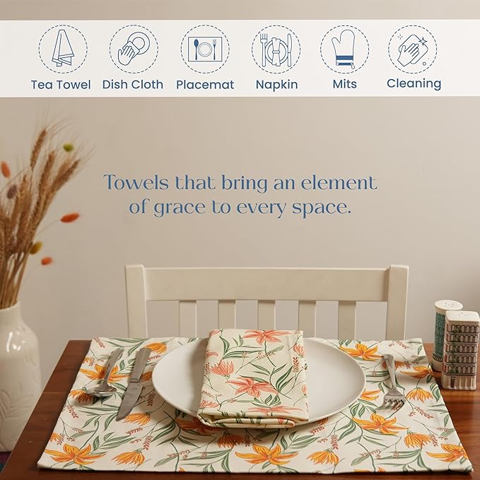 Set of 2 Pointed Floral Printed Kitchen Towel 18" x28", 100% Fresh cotton, Yellow & Mint - India Wholesale Co.