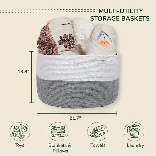 Cotton Basket without Lid White/Grey 21.7x21.7x13.8" - India Wholesale Co.