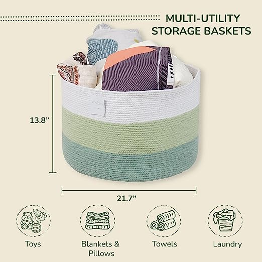 Cotton Basket without Lid Green and White 21.7x21.7x13.8" - India Wholesale Co.