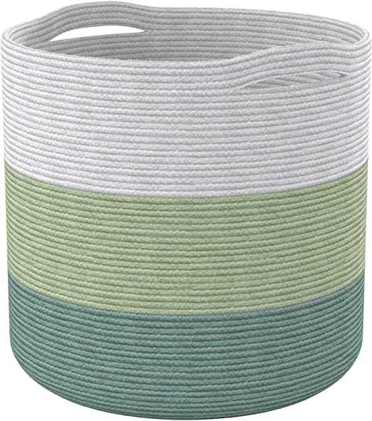 Cotton Basket without Lid Green and White 15x15x17.7" - India Wholesale Co.
