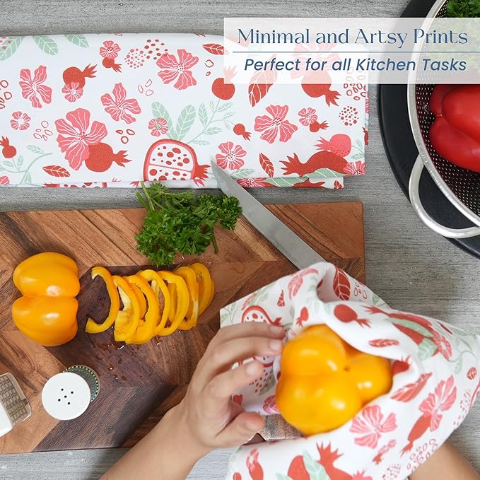 Set of 2 Pomegranate Printed Kitchen Towel 18" x28" , 100% Fresh cotton, Sage & Peppery red - India Wholesale Co.