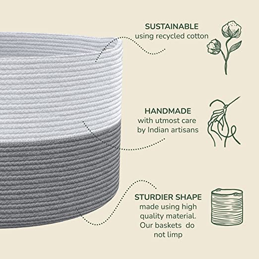 Cotton Basket without Lid White/Grey 21.7x21.7x13.8" - India Wholesale Co.
