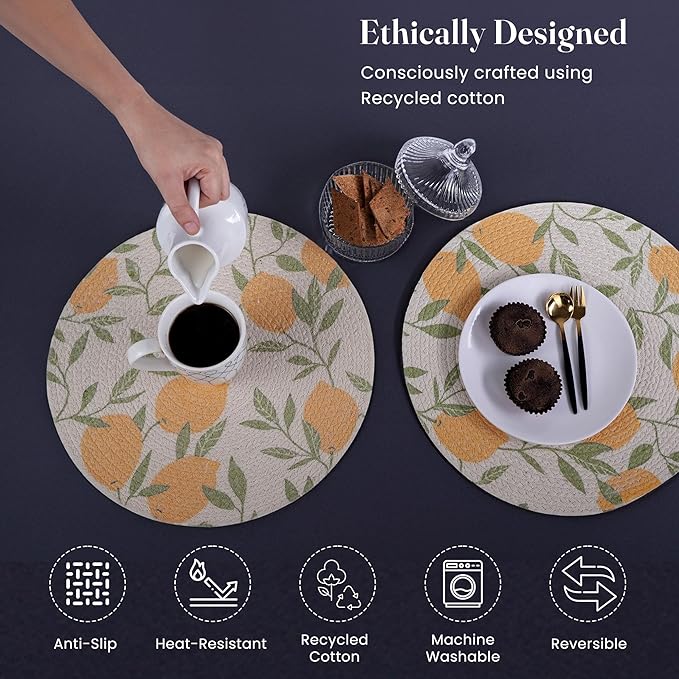 Printed Lemon Braided Placemat Set of 6- Recycle Cotton - India Wholesale Co.