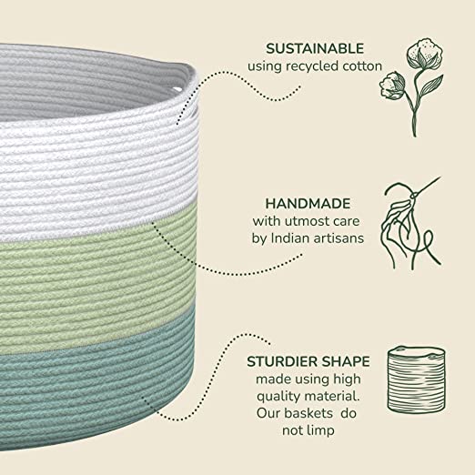 Cotton Basket without Lid Green and White 15.8x15.8x13.8" - India Wholesale Co.