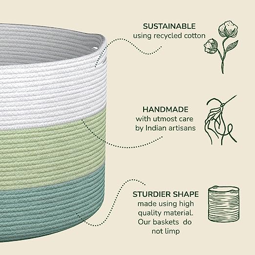 Cotton Basket Set of 3 Green and White 11x11x11" - India Wholesale Co.