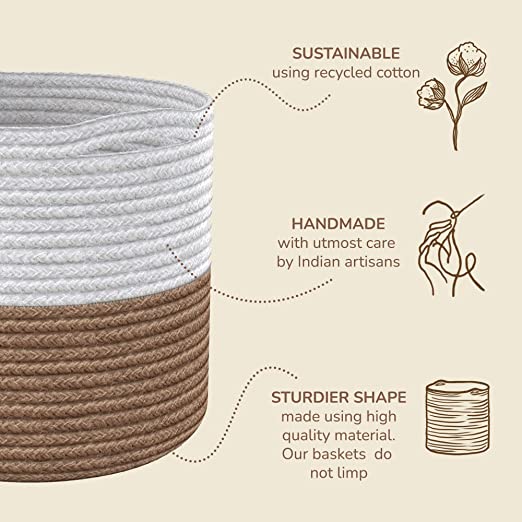 Cotton Basket Set of 3 White/Beige 11x11x11" - India Wholesale Co.