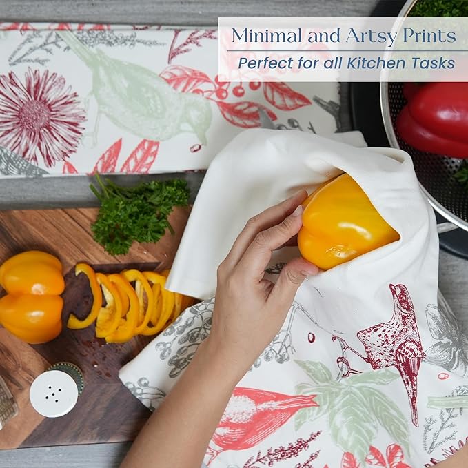 Set of 2 Hello Bird Printed Kitchen Towel 18" x28" , 100% Fresh cotton, Red & Light Green - India Wholesale Co.