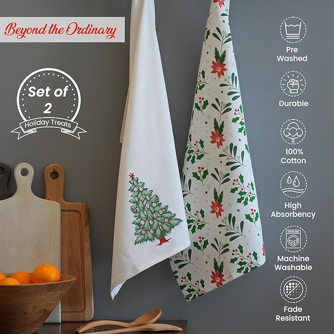 Set of 2 Xmas tree Printed Kitchen Towel 18" x28", 100% Fresh cotton, Olive Green & Red - India Wholesale Co.