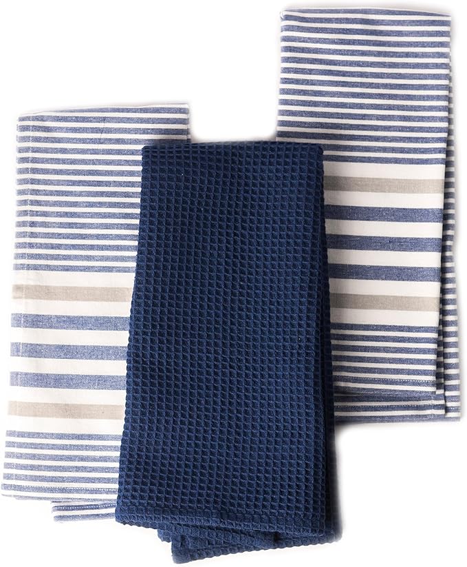 Set of 3 yarn Dyed with Waffle Kitchen Towel, 18" x 28", Recycled Cotton, Blue - India Wholesale Co.