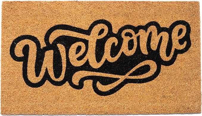 Coir Mats Welcome- 17X30" -Bratsy Script Outline -Beige/Black - India Wholesale Co.