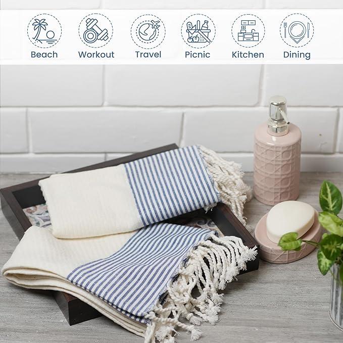 Set of 2 Waffle Stripe Turkish Towel with Twisted Tassels 18" x 40", 100% Fresh cotton, White & Blue - India Wholesale Co.