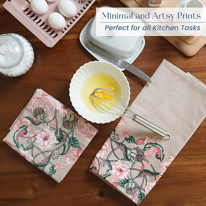 Set of 2 Baroque Ornamental Printed Kitchen Towel 18" x28", 100% Fresh cotton, Floral Beige - India Wholesale Co.