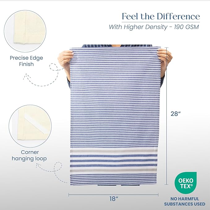 Set of 4 yarn Dyed Kitchen Towel, 18" x 28", Recycled Cotton, Beige & Blue - India Wholesale Co.