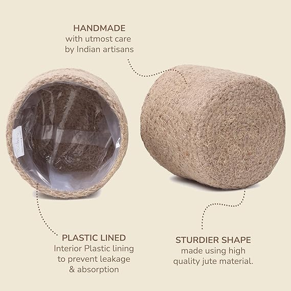 Jute Planters with Poly-Lining Set of 3 Natural Jute 4.5x4.5x4" - India Wholesale Co.