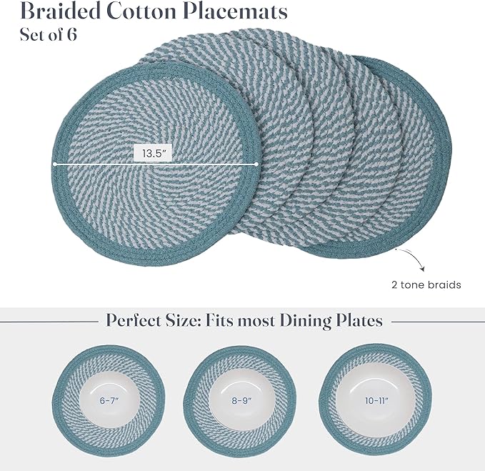 Melange Blue & White Braided Placemats set of 6 (3 pcs full melange+3 pcs with solid border) - Recycle Cotton - India Wholesale Co.
