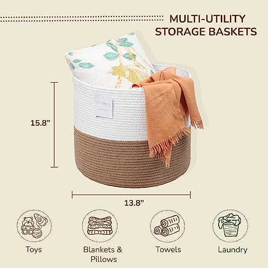Cotton Basket without Lid White/Beige 15.8x15.8x13.8" - India Wholesale Co.