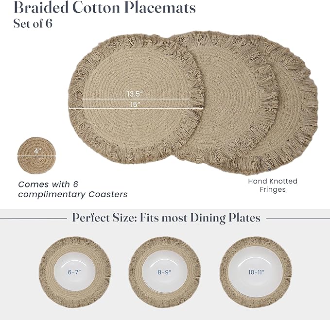 Beige Braided Solid Placemat with fringes set of 4 (13" + with 2" fringes) +4 Coasters (4")- Recycle Cotton - India Wholesale Co.