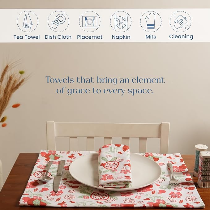 Set of 2 Pomegranate Printed Kitchen Towel 18" x28" , 100% Fresh cotton, Sage & Peppery red - India Wholesale Co.