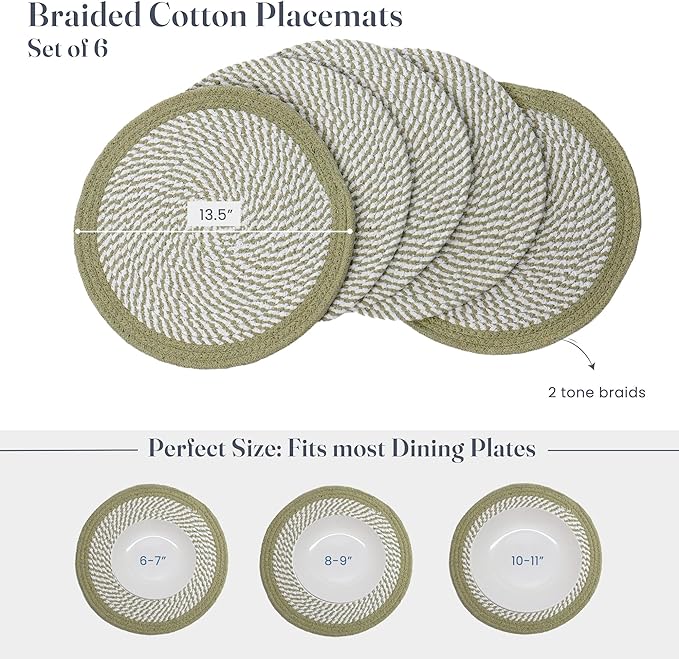 Melange Green & White Braided Placemat set of 6 (3 pcs full melange+3 pcs with solid border) - Recycle Cotton - India Wholesale Co.