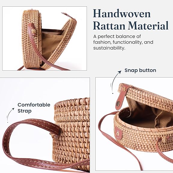 India Wholesale Rattan Round Boho Crossbody Bag for Women, 8x3 inch