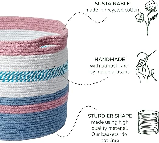 Cotton Basket, Cotton, 15.8x15.8x13.8, Pink & Blue - Melange - India Wholesale Co.