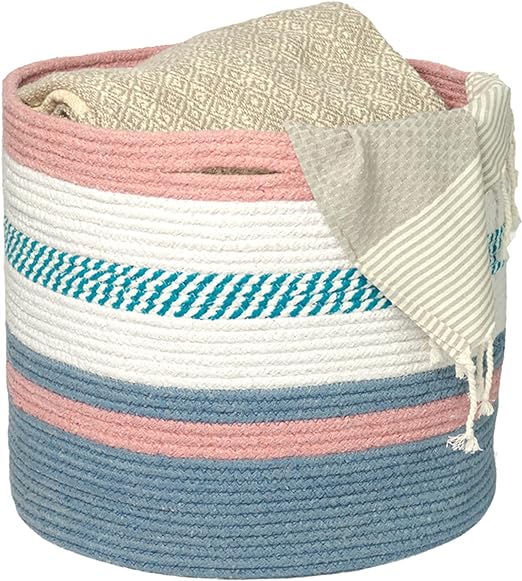 Cotton Basket, Cotton, 15.8x15.8x13.8, Pink & Blue - Melange - India Wholesale Co.