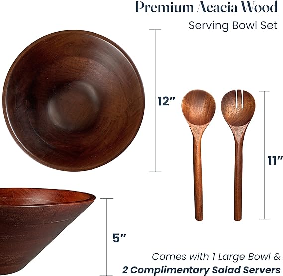 Bowl Plain Acacia with Servers -12"x5" Walnut - India Wholesale Co.