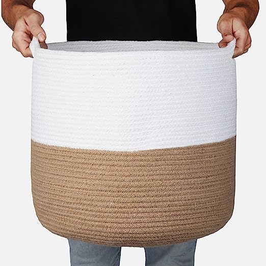 Cotton Basket without Lid White/Beige 15.8x15.8x13.8" - India Wholesale Co.