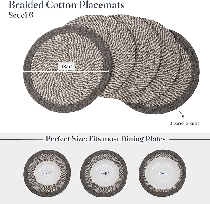 Melange Gray & White Braided Placemat set of 6 (3 pcs full melange+3 pcs with solid border) - Recycle Cotton - India Wholesale Co.